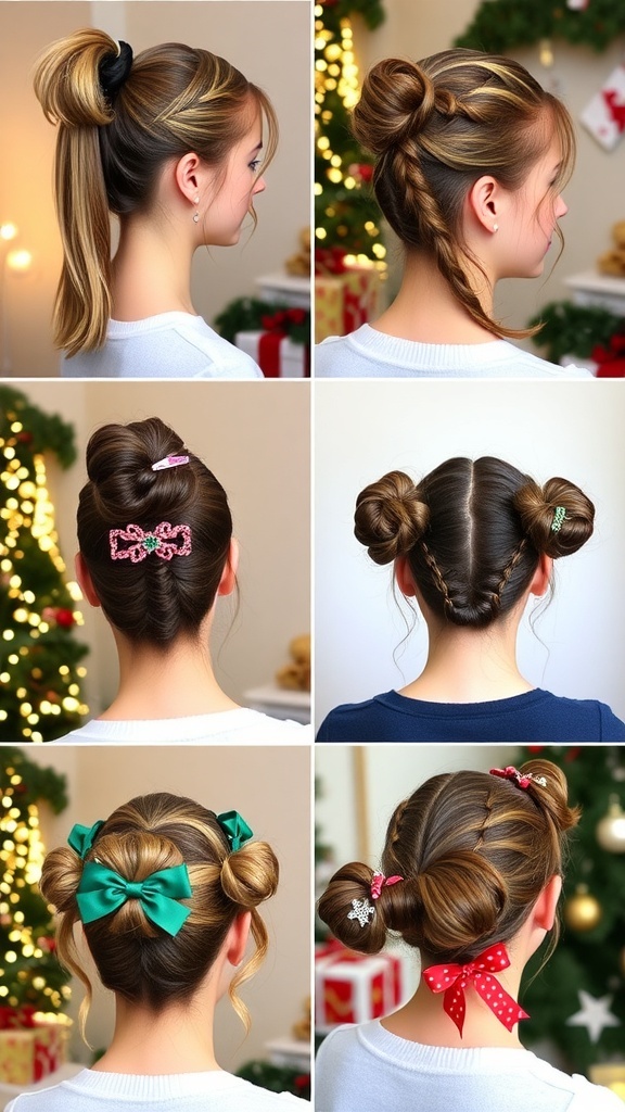 A collection of Y2K Christmas hairstyles with festive accessories in a holiday setting.